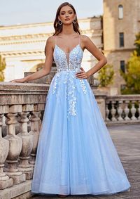 A-line Princess V Neck Sleeveless Tulle Prom Dress with Appliqued Beading Glitter S7680P - Prom Dresses - Stacees