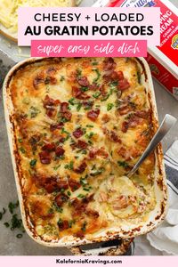 Indulge in ultimate comfort food with this Cheesy Loaded Au Gratin Potatoes recipe!  Thinly sliced Yukon gold potatoes are layered with a creamy sauce made with heavy cream, sour cream, and Gruyere and white cheddar cheese.  Crispy bacon and green onions add savory pops of flavor, making this dish perfect for a satisfying side dish or a decadent main course