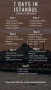 If you will be spending 7 days in Istanbul, here is a 7 day itinerary for Istanbul. click the link for a free travel planner.