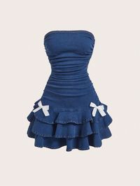 Women's Summer Denim Dress With Bowknot Decor, Ruffle Hem Dark Wash Casual  Sleeveless Denim Colorblock,Plain A Line,Bodycon,Fitted Medium Stretch  Women Clothing, size features are:Bust: ,Length: ,Sleeve Length: