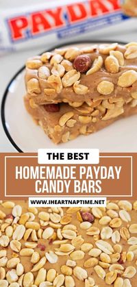 Sweet and salty homemade PayDay candy bars taste like the real deal with a chewy nougat center and salted peanuts on top. It’s easy to make this candy treat at home!