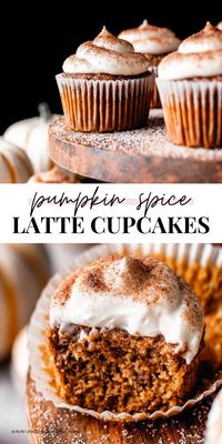 Get all the delicious flavor of a warm and toasty pumpkin spice latte in cupcake form with these PSL cupcakes! This easy dessert features a deliciously soft and moist pumpkin cupcake with a hint of espresso and topped with a fluffy whipped cream frosting. It's the perfect dessert for Thanksgiving, fall, or just the cooler months ahead! #Thanksgiving #fall #fallbaking #baking #desserts #homemade #recipes #latte #cupcakes