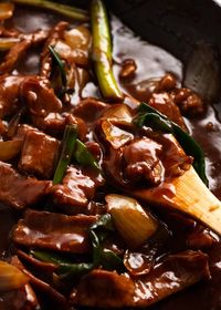 Close up of Mongolian Lamb fresh off the stove