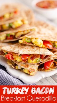 Turkey Bacon Breakfast Quesadilla is an easy and healthy 15 minute recipe perfect for a light brunch, with whole wheat tortillas, scrambled eggs and Mexican cheese.  #Breakfast #Quesadilla #Healthy via @KraftedKoch