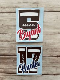 This listing is for PERSONALIZED vinyl football number decals. These decals can be used on water bottles, tumblers, cars, party bags, etc. Sizing in photos are roughly 3.5x3 (in inches). If you need the widths adjusted please let me know. Football will be in brown glossy unless otherwise stated and offset in white to showcase the laces. Name will be in the color of your choice. If you desire a different quantity than what you see listed, please message me for pricing and a custom listing. Buyer