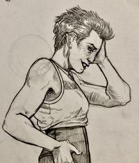 a pencil drawing of Kira Nerys from DS9. She is standing in profile, looking down with one hand on her hip and the other one on her head, grinning wryly downward. She is dressed in her bajoran militia pants and latticed undershirt, but her jacket is off.