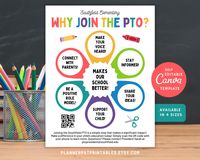 This Editable Why Join the PTO PTA Infographic Flyer Template provides the perfect starting point for designing your back to school recruitment flyer. All of the text is editable so you can have it read what you want. Edit for any organization such as PTO, PTA, PTSA, PTSO, etc. Easily edit this design using a free Canva account and download it for print or send it digitally via email or social media. Save time, energy, and eliminate the hassle of creating your own flyer from scratch, making your life a little bit easier! DETAILS: * This product is a digital download (no physical product will be shipped) * Requires a free Canva account to edit and print (no software needed) * Included File Types: Instructions PDF, Canva Template * Template Sizes: 8.5"x11" (Letter), 8.3"x11.7" (A4), 11"x14",