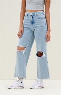 The Light Indigo Ripped Cropped Wide Leg Jeans from PacSun bring a rebellious update to your denim collection. These high-waisted jeans feature a trendy cropped wide-leg silhouette, ripped knee details, and a raw-cut hem.  Learn more about PacSun eco items