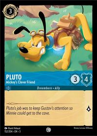 "Pluto Mickey’s Clever Friend" common card from Disney Lorcana Trading Card Game expansion set "Into the Inklands". Art by Rianti Hidayat. Mickey Mouse & Friends.