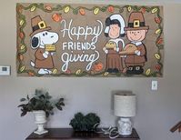 Hand painted Thanksgiving/Friendsgiving Charlie and Lucy and Snoopy brown Kraft paper banner sign. (This banner was a custom order, the wording can be changed to whatever you would like) My signs come in 2 sizes,  each of the signs are  approximately 23"x 6 feet or 3 feet x 6 feet.  Each sign can be left blank or can be personalized with wording of your choice. Once a purchase is made, I will message you a sketch of the wording you have chosen for your banner to ensure everything is perfect befo