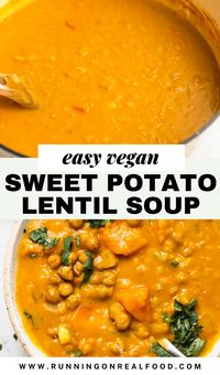 This spiced vegan sweet potato lentil soup recipe is easy to make in under 40 minutes for a healthy and delicious meal or side dish.  With simple ingredients and the perfect balance of spices and natural sweetness, this delicious creamy soup delivers on flavours while remaining quick and easy to make.