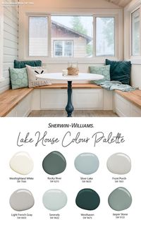 Bring the charm of a lakehouse to your house with eight paint colours from Sherwin-Williams. Start with a warm white on walls, like Westhighland White SW 7566, then add gentle blues or greys to trim, ceilings, or even furniture. To see these hues in your home, tap this pin to order free colour chips and have them shipped to you. #sherwinwilliams #paint #painting #lakehouse #lake #diy #colour #interordesign