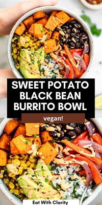 These vegan sweet potato burrito bowls are easy to make, have black beans, roasted veggies and finished with homemade cashew queso. These buddha bowls are perfect for meal prep.