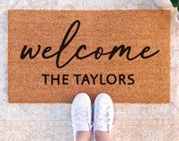 Personalized Last Name Natural Coir Doormat   Create a happy moment right at your doorstep. It's the perfect way to greet you and your guests every day. MATERIALS Our mats are made with resilient + effective coconut fibers Latex, anti-skid bottom helps secure the mat in place CARE DO NOT SHAKE to avoid tearing Vacuum with hose attachment to refresh + remove excess dirt + debris Keep away from excessive moisture and sun SHIPPING All doormats are made-to-order and require 1-3 business days to be made before shipping. Production may take longer during the holidays. Please check the estimated shipping and delivery date included on your order.  RETURNS We accept returns of unused doormats within 30 days of purchase Personalized Family Name Doormat Custom Doormat Personalized Decor Custom Unique