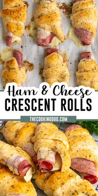 Enjoy a delicious treat with this simple Ham and Cheese Crescent Rolls recipe. These sandwiches are made by wrapping ham and Swiss cheese in crescent roll dough, resulting in a cheesy and irresistible sandwich with a buttery rolled-up crust. Perfect for any meal or as a party appetizer!