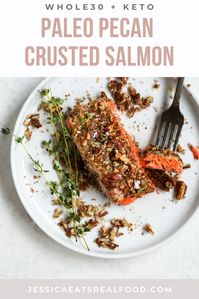 This Paleo Pecan Crusted Salmon is a simple showstopper - with only 4 core ingredients. Even though it's easy, it packs a TON of flavour. It's moist, tender with a crunchy nut crust, and is ready in 20 minutes start to finish! It's Whole30, Low Carb, Keto + oh so delicious. This is sure to become a family fav on busy nights when dinner recipes feel hard.