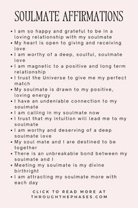 Ready to find your happily ever after? Dive into my post filled with 50 powerful soulmate affirmations to manifest the love of your dreams. With affirmations to find your soulmate, these affirmations will set the stage for the love story you've always dreamed of. Get ready to attract soulmate love and create a relationship filled with joy, passion, and deep connection. Your soulmate is closer than you think - let's manifest them together! 💖😊