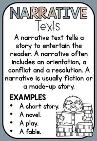 Educational, narrative text writing poster. Includes two versions, a black and white image, and a colored (coloured) image. Provides a brief description of narrative texts including the purpose, as well as examples. display | decor | poster | decoration | back to school | classroom | inspiration | colourful | colorful | neutral theme | visual | teach | no prep | printable | narrative | writing | literacy | english | learning tool | elementary school | learning | primary school