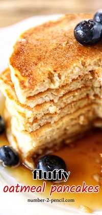 These oatmeal pancakes have become our go to weekend pancake recipe. I love that they are multigrain and sweetened with just a touch of pure maple syrup. My kids love that they are so fluffy and tasty! More family favorite recipes on number-2-pencil.com. #familyfavorites #breakfast