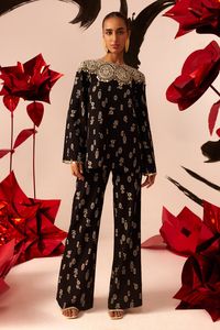 Shop for these amazing collections of Black Georgette Printed Floret Boat Neck Tunic And Pant Set For Women by Bhumika Sharma online at Aza Fashions.