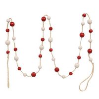 48" Red & White Bright Bead Garland is a winter garland that features red and white wooden beads on a jute string. Garland has a loop at one end for hanging display and it looks great hung or draped over a shelf or mantel. Measures 48" across.