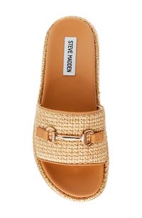 Gleaming bit hardware and woven raffia lend trend-savvy elements to a summer-ready slide sandal lofted by a chunky platform and textured sole. 1 3/4" platform Textile upper/synthetic lining and sole Imported