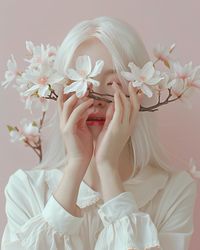 A pale woman with white hair covering her eyes and hands, holding flowers in the style of ethereal beauty. Soft tones, soft light, fine lines, and pastel colors create a minimalist, photorealistic style reminiscent of the work of Alana Hecworks