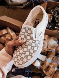 LV VANS White/Tan $95 Our favorite shoe, now in another color! Pair these with a cute romper, sundress or jeans. These are perfect for any style!  ✨SIZES: 6, 7, 7.5, 8.5, 9, 10, 10.5, 11.5, 12 WOMENS  ✨PREORDER: Ships within 4-5 weeks after order is placed