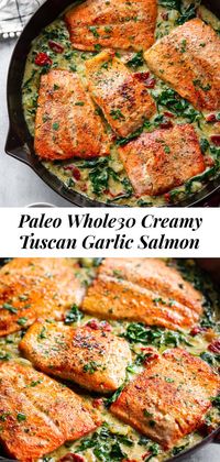 This creamy paleo tuscan garlic salmon is a super-tasty one-skillet meal that’s perfect for weeknights and full of flavor! Perfectly seasoned, seared salmon with a creamy sauce packed with Italian seasonings, spinach and sun-dried tomatoes. Paleo, dairy-free, Whole30, and low in carbs! #paleo #whole30 #cleaneating