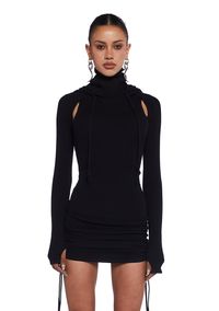 has a stretchy ribbed jersey knit construction with a washed black finish and a racerback cut-out design with an embroidered 'D' logo graphic. This hooded mini dress features a cowled turtle neckline that can be pulled up into a mask, long sleeves with thumbholes, and a skirt with ruching and adjustable ties.