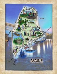 MaineRegarded as the most easterly state in the U.S, the largest of the New England states, and is nicknamed the Pine Tree State, Maine is a picture of natural beauty as playfully depicted in this beautifully painted map. While this map may offer hints about Maine in 1950s, it shares much about present day Maine as well. The name Maine was used to make a distinction between the mainland and the offshore islands. However, Maine was derived from the French Province of Mayne, and is believed to be