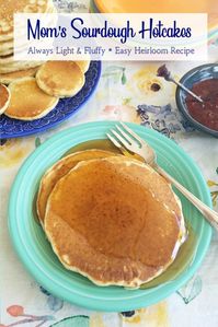 Crisp, light, and slightly tangy, these delicious Sourdough Pancakes make an easy breakfast or brunch. (They're also a great way to use your leftover sourdough starter!) #sourdough #sourdoughbaking #sourdoughstarter #baking #sourdoughbread #sourdoughdiscard #sourdoughpancakes #pancakes #hotcakes #pancakerecipe