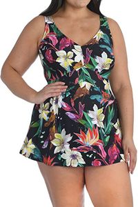 82% Nylon, 18% Elastane Imported Pull On closure Hand Wash Only DESIGNER SUMMER SWIMWEAR — Dress to the nines in the plus-size empire one-piece swimdress by Maxine of Hollywood. Full coverage yet flirty, this empire swimdress offers fixed straps and built-in cups for comfort you can count on. TROPICAL PRINT — Show off your summer tan in this item that features a bright floral pattern set against a chic black background CUSTOMIZE YOUR SIZE http://bit.ly/SwimDressOnePieceSwimsuit