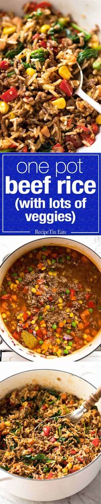 One Pot Ground Beef and Rice with loads of veggies - Browned beef cooked with seasoned rice and vegetables. A fast, super tasty complete meal!