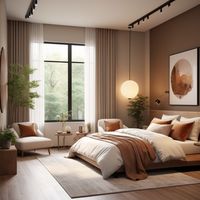 Transform your space with this warm and cozy modern bedroom design. Featuring minimalist decor, elegant furnishings, and soft lighting, this serene atmosphere is perfect for those who love modern living room ideas and a harmonious layout. #ModernLivingRoom #MinimalistLivingRoom #LivingRoomIdeas