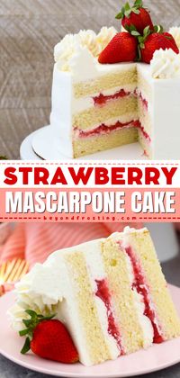 Your new favorite spring food idea! It's a must-try Easter dessert recipe. Layered with strawberry filling and mascarpone whipped cream frosting, this moist homemade vanilla cake is the BEST!