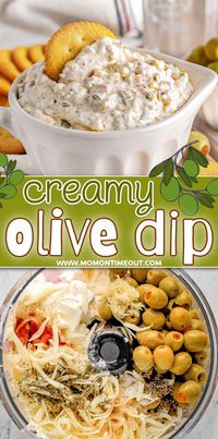 This easy Olive Dip recipe is a classic appetizer that is perfect for any occasion! Indulge in the rich and creamy flavor made with a blend of green olives, cream cheese and mozzarella cheese. Serve it with crackers, chips, or veggies for a delicious and easy appetizer that everyone will love! // Mom On Timeout