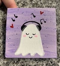 Ghost listening to music, mini canvas painting. Hand drawn and painted on 2.5x2.5 canvas. Mini easel is included with painting. Each painting is made to order and may vary slightly. Sprayed with a glossy sealant.