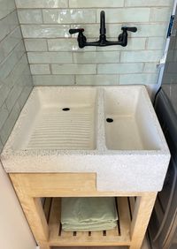 Custom made wash sink for your laundry room !  Includes solid pine wood stand . Can also come with wood  stand to set the  faucet on as shown in the last pictures !  Measurements :  3 ft tall  ( can be adjusted if needed )  25 1/2 in.  W 22in.   D All orders are final sale .  Please check pieces upon receiving shipment .