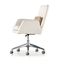 Off-white high-performance fabric lays a crisp, clean slate for this modern desk chair featuring a top-grain leather lumbar pillow for contrast and comfort. A height-adjustable swivel base plus casters add ease. Performance fabrics are specially created to withstand spills, stains, high traffic and wear, ensuring long-term comfort and unmatched durability.