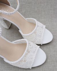 Crochet Lace Block Heel Sandals with Mini Pearls, Bridal shoes