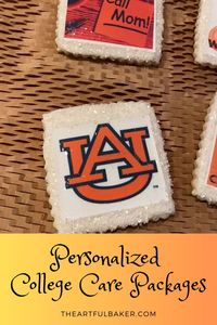 Gift this personalized college care package filled with decorated cookies - school mascot or logo, motivational exam quote, call home reminder, and cute fall message! Perfect for midterms, finals, or just an adorable treat from home