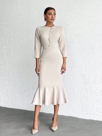 Button Detail Office Daily Casual Party Cocktail Long Sleeve Dress Beige Elegant  Long Sleeve Woven Fabric Plain Bodycon Non-Stretch  Women Clothing, size features are:Bust: ,Length: ,Sleeve Length: