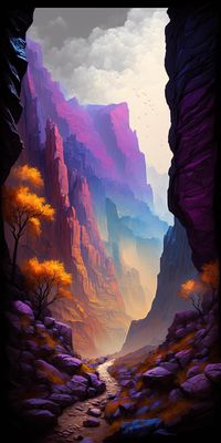 "Surreal Canyon" - A surreal and otherworldly canyon landscape with a dreamlike quality. The canyon walls are smooth and colorful, with hints of pinks, oranges, and purples. The fog is thick and colorful, with a sense of mystery and intrigue.