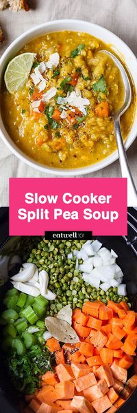 Slow Cooker Split Pea Soup - An easy, creamy soup with tons of flavor. Perfect for a vegan or vegetarian-friendly dinner! - #recipe by #eatwell101®