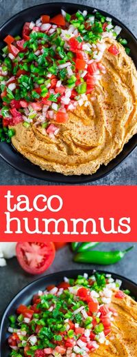 This tasty taco hummus is a party on a plate! It makes a fun party appetizer to share with friends or a great snack for the family to faceplant into after school + work. #hummus #chickpeas #tacos #appetizer #snack #partyfood #glutenfree #vegetairan #vegan