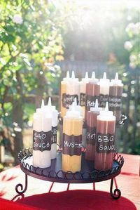 Cute display for condiments - perfect for an Anniversary Party BBQ #weddinganniversary #anniversary #partythemes #bbq