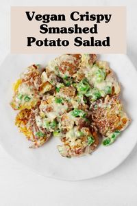 This vegan crispy smashed potato salad is the best of both worlds: a creamy, classic (yet dairy-free) potato salad dressing, mixed together with crisp-tender spuds. It's got so much more textural complexity than a traditional potato salad and makes for a hearty, super flavorful side dish.