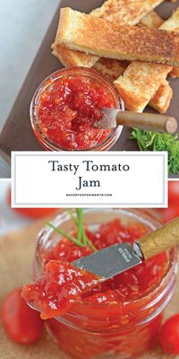 Tangy  Sweet Tomato Jam - Homemade Jam Recipe - Tangy and sweet, tomato jam is excellent on everything from grilled cheese to deviled eggs, hamburgers and charcuterie boards. #tomatojam