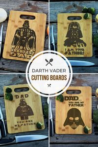 Cool Star Wars inspired Darth Vader cutting boards for geek dads. The perfect gift idea for fathers. #ad #starwars #darthvader #cuttingboard #wood #fathersgift #giftsforhim #geek #giftideas